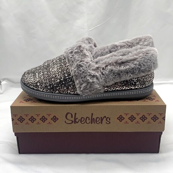 Skechers Woman's Cozy Campfire Pewter Dream Glam Metallic Faux Fur Slippers - Picture 4 of 14